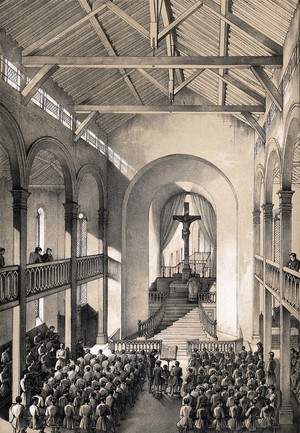 view Mettray penal colony, Mettray, France: a service in the chapel, seen from the gallery. Lithograph by Faivre after A. Thierry.