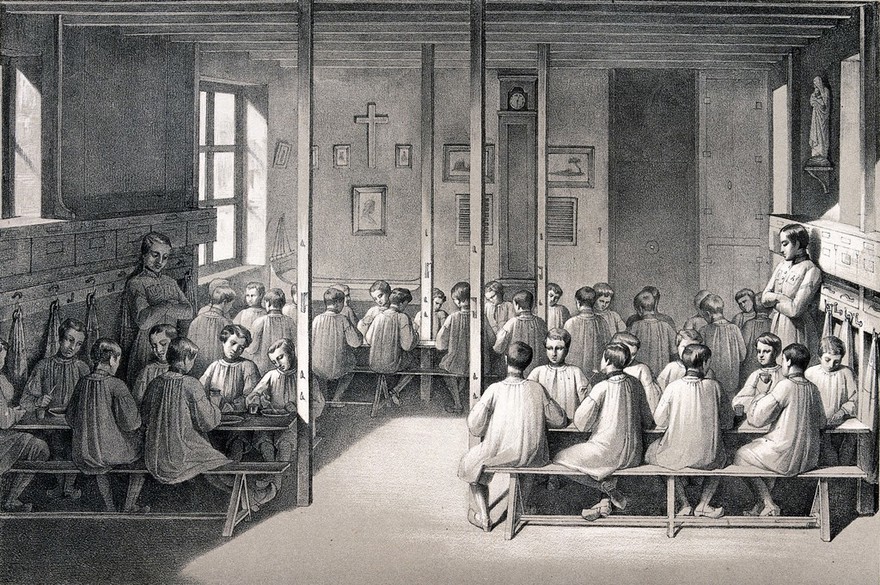 Mettray penal colony, Mettray, France: the refectory. Lithograph by Faivre after A. Thierry.