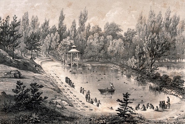 Mettray penal colony, Mettray, France: a swimming school. Lithograph by Tirpenne & Faivre after A. Thierry.