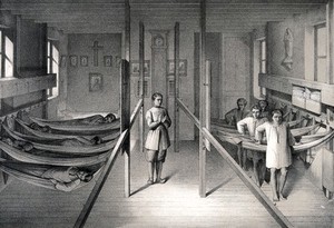 view Mettray penal colony, Mettray, France: a dormitory for inmates of the penal colony, who climb into their hammocks. Lithograph by Sauvé & Faivre after Alx. Thierry.