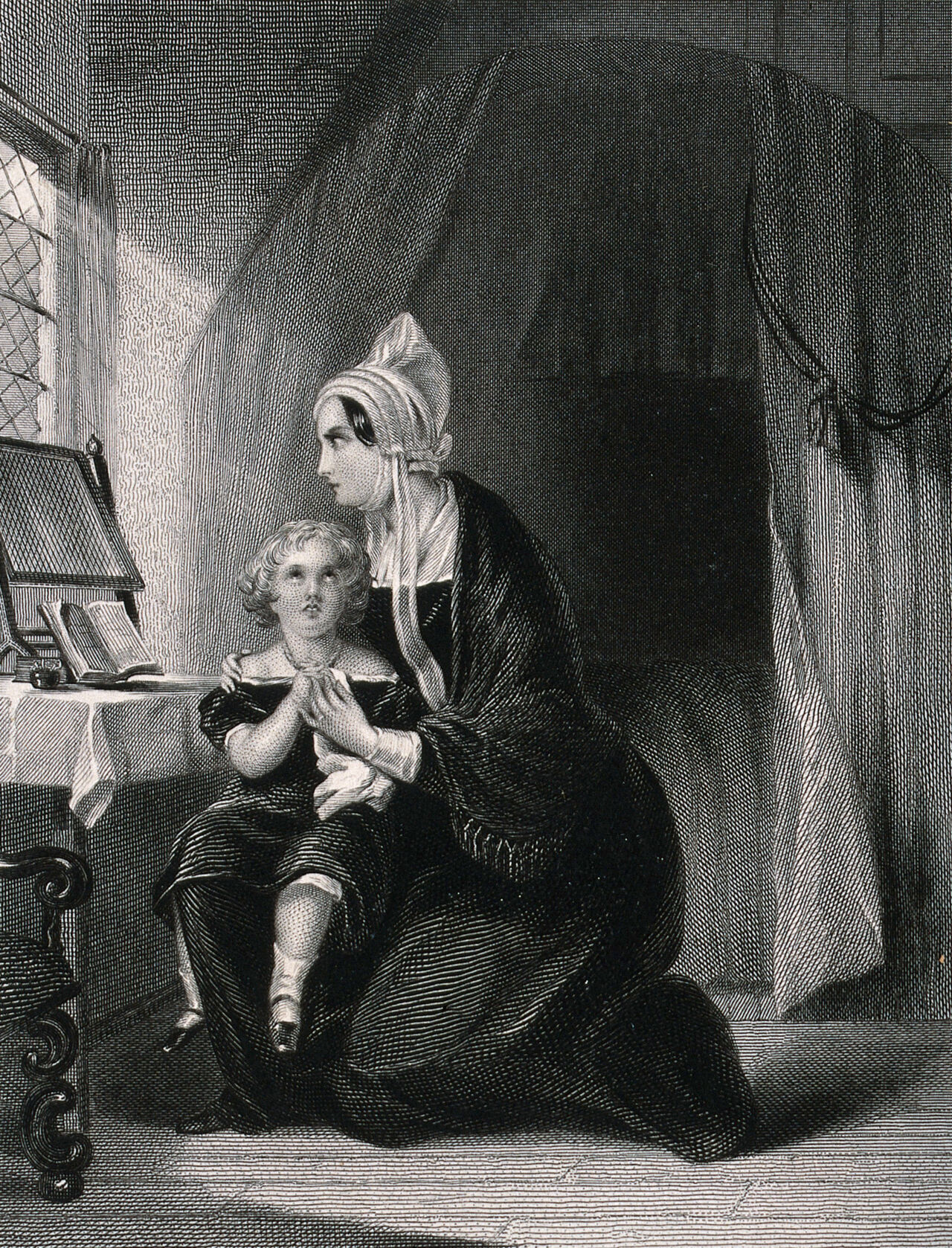 A young child and its mother sit together saying prayers. Engraving by W.H. Simmons after T.M. Joy., 1839, by Thomas Musgrave Joy