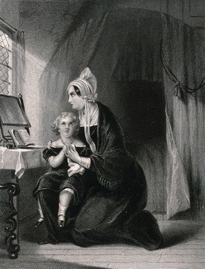 view A young child and its mother sit together saying prayers. Engraving by W.H. Simmons after T.M. Joy.