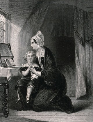 A young child and its mother sit together saying prayers. Engraving by W.H. Simmons after T.M. Joy.