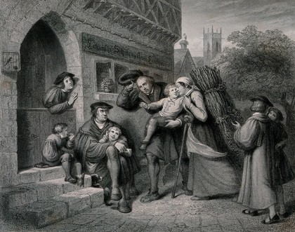 A young child is handed over by its parents for instruction to the man sitting on the step surrounded by other children. Engraving.