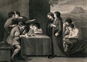 view Boys are being taught by an schoolmaster sitting at a table. Stipple engraving by George Keating after Pasquilini.