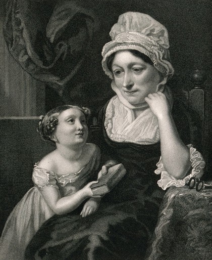A grandmother hands a copy of the Bible to her granddaughter. Stipple engraving by H. Meyer after H.P. Briggs.