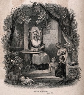 An old woman sits reading at a table outside a house while three children watch the hen with her chicks. Engraving.