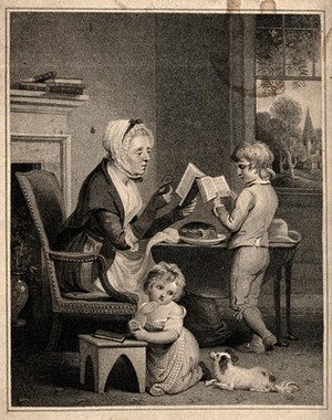 view A woman teaches religion to a boy, while his sister plays with their dog. Stipple engraving after R. Westall.