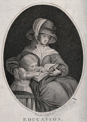 A young woman sits with a book on her knee and a child by her side. Stipple engraving by Emma Crewe.