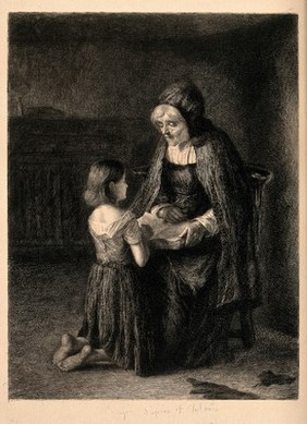 A girl kneels in front of an old lady who has a book on her lap. Etching by P.A. Rajon after G. Paul Chalmers.