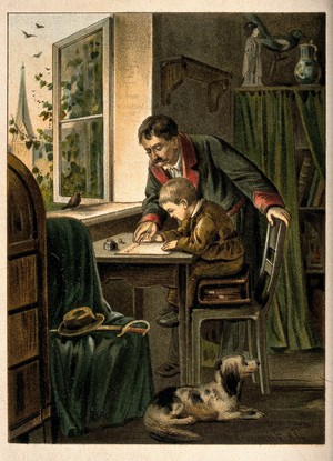 view A man is instructing a boy on how to write. Colour lithograph.