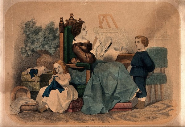 A young woman is teaching two children how to read and sew. Coloured lithograph.