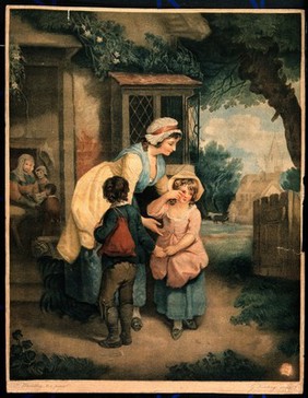 A woman bends to console a small girl who is weeping as she and a boy leave the house. Stipple engraving by George Keating after F. Wheatley.