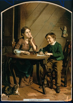 view A young mother sits at the table with a small boy who is writing on a sheet of paper. Chromolithograph.