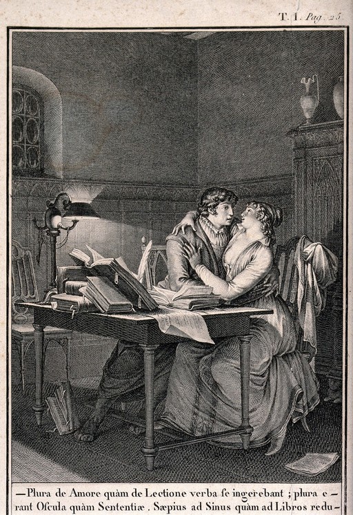 A couple sit in lamplight at a table piled with books with their arms around one another. Engraving by N. Le Mire, 1795, after J.M. Moreau le Jeune, 1794.