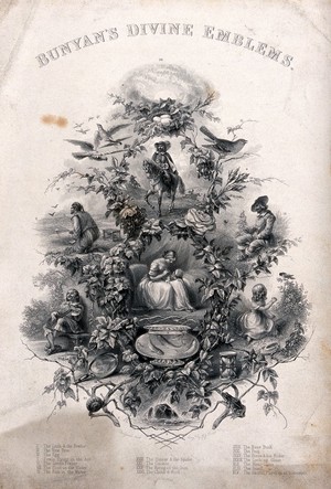view Themes in poems for children by Bunyan. Engraving by J.J. P(?) after himself.