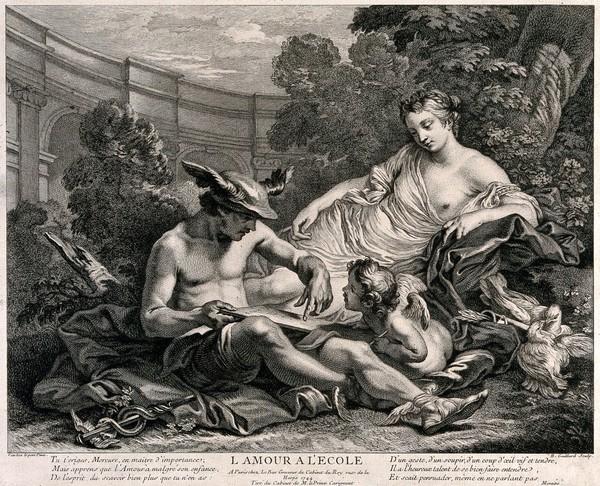 The god Mercury, with Venus in the background, tries to teach Cupid to read. Engraving by R. Gaillard, 1744, after Van-Loo le pere.