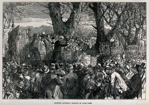 view A man is standing on a platform in a park addressing a large crowd who are carrying banners and placards. Wood engraving.