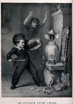 A boy has made a vase look like a person on which he can then launch an attack, broken pieces of china lie on the floor and a woman comes rushing in waving her arms in horror. Lithograph.