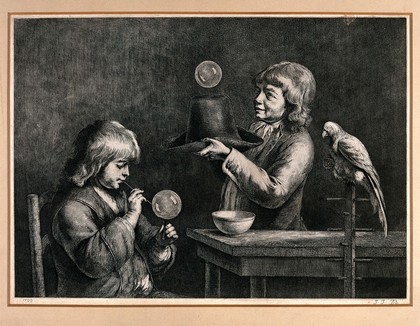 One boy is blowing bubbles and another bouncing one off his hat, a parrot sits watching on his perch. Etching.