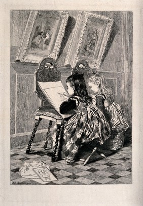 Two girls drawing copies of paintings hanging in a gallery. Etching by Ad. Lalauze.