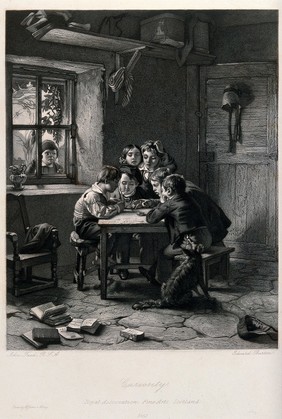 Children sitting around a table in a cottage examining something as another child peers through the window. Stipple engraving by Edward Burton after John Faed.