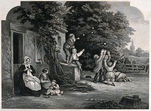 view A family sits outside a house, one boy is blowing bubbles and the others are trying to catch them. Engraving.