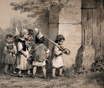 A group of Flemish children dress up as soldiers in helmets and carry swords. Lithograph by N.T. Charlet, 1837.