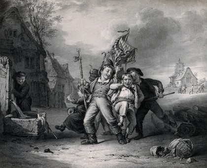 A group of boys with a flag and weapons take hold of one boy who is attempting to escape. Lithograph by Thomas Fairland after Robert Farrier.