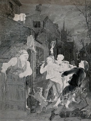 A group of boys are smoking: they have tied the gate to prevent the man with a strap from chasing them. Etching by H.C. Shenton after W. Kidd.
