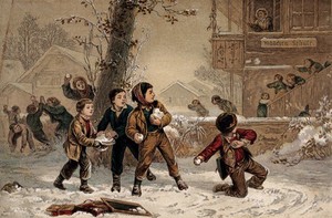 view Schoolboys throwing snowballs at schoolgirls as the girls leave school. Chromolithograph after E. Girardet.