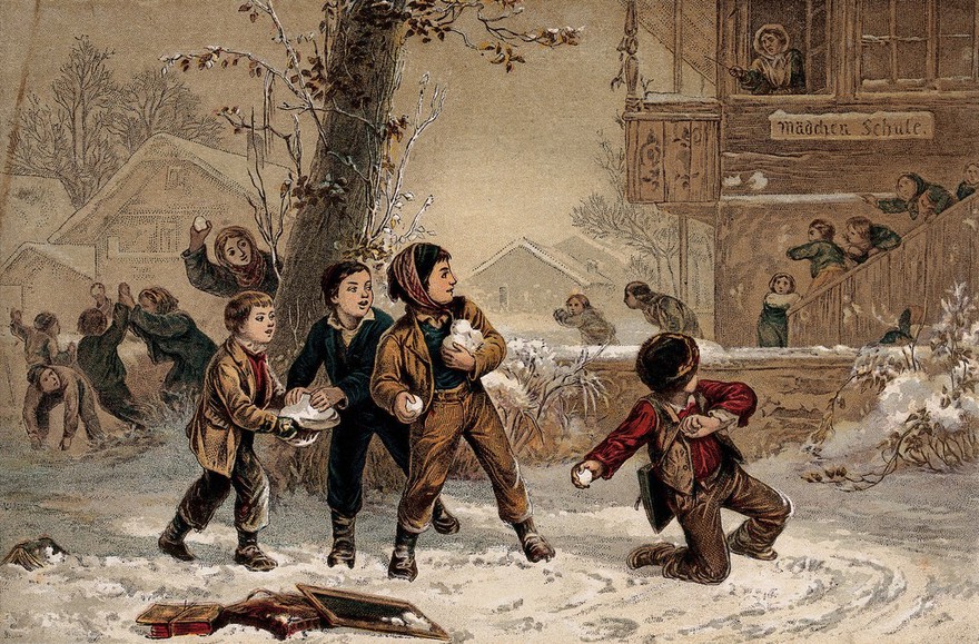 Schoolboys throwing snowballs at schoolgirls as the girls leave school. Chromolithograph after E. Girardet.