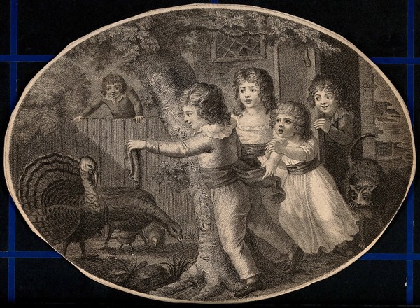 A group of children play with turkeys in the garden as another child watches from over the fence. Stipple engraving.