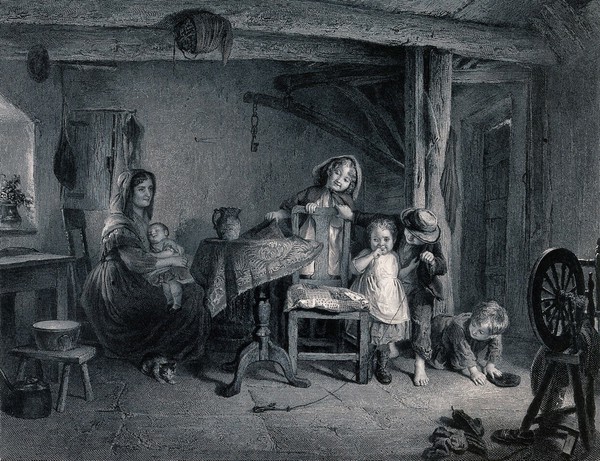 Four young children play together in a kitchen as their mother looks on holding a baby. Engraving by Lumb Stocks after A.H. Burr.