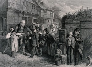 view Boys are being told off for breaking a window, two more boys are hiding behind the pump. Engraving by H. Lemon after W.H. Knight.