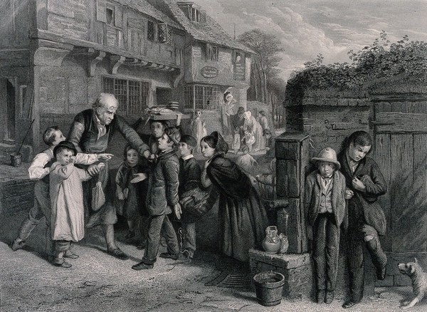 Boys are being told off for breaking a window, two more boys are hiding behind the pump. Engraving by H. Lemon after W.H. Knight.