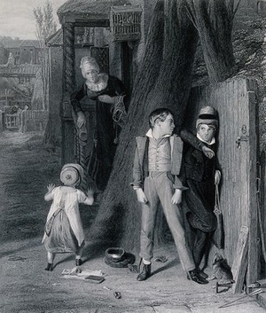 view Two boys hide behind a tree from a woman who is looking for them. Engraving by C.W. Sharpe after W. Mulready.