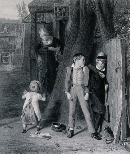 Two boys hide behind a tree from a woman who is looking for them. Engraving by C.W. Sharpe after W. Mulready.