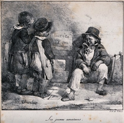 Two young children are talking to an older boy who is selling prints on the street. Lithograph by Villain after Charlet.
