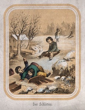 Young children are sledging in the snow. Coloured lithograph.