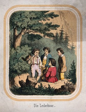 view A group of boys are sitting on rocks, two of them have squirrels with them. Coloured lithograph.