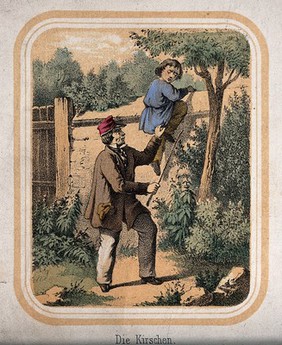 A boy is climbing over the wall to escape from the man with a stick. Coloured lithograph.