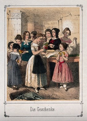 A girl has a posy of flowers in one hand and a letter in the other. Coloured lithograph.