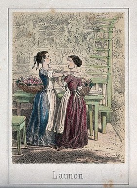 Two girls appear to be having a disagreement. Coloured lithograph.