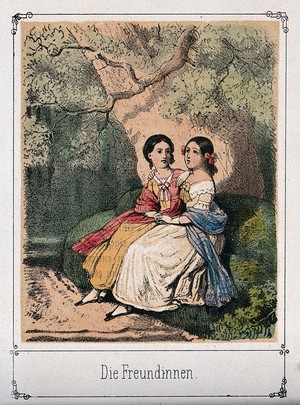 view Two girls are sitting together on a grassy bank. Coloured lithograph.