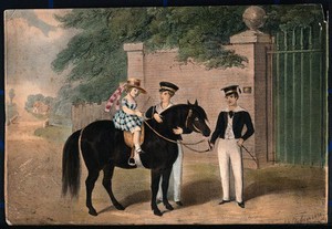 view A girl wearing a straw hat and carrying a riding crop is seated on the back of a horse and two boys assist her. Coloured lithograph.