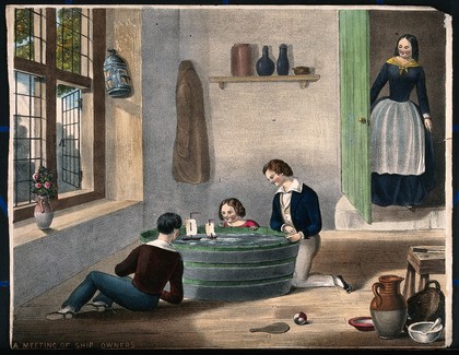 Three children play with boats sailing in a large tub of water. Coloured lithograph.