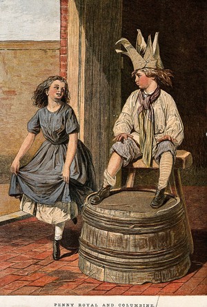 view Two young children dress up and act as characters in a play. Chromolithograph.