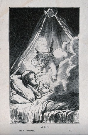 view A cherub visits a young child in a dream. Wood engraving by F.J. Gauchard after G. Roux.