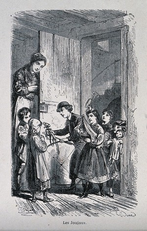 A girl is greeted at the door by a group of children carrying gifts ...